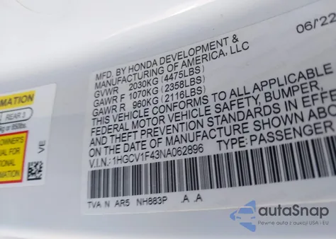 2022 Honda Accord Sport Special Edition из США, поврежденный, VIN 1HGCV1F43NA062896